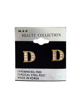Vintage 90s Initial D Rhinestone Stud Earrings Gold Tone Letter D NWT NOS
